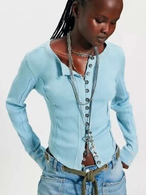 NWT Free People Daria Light Blue Ribbed Button-Front Women’s Top Sz Lg